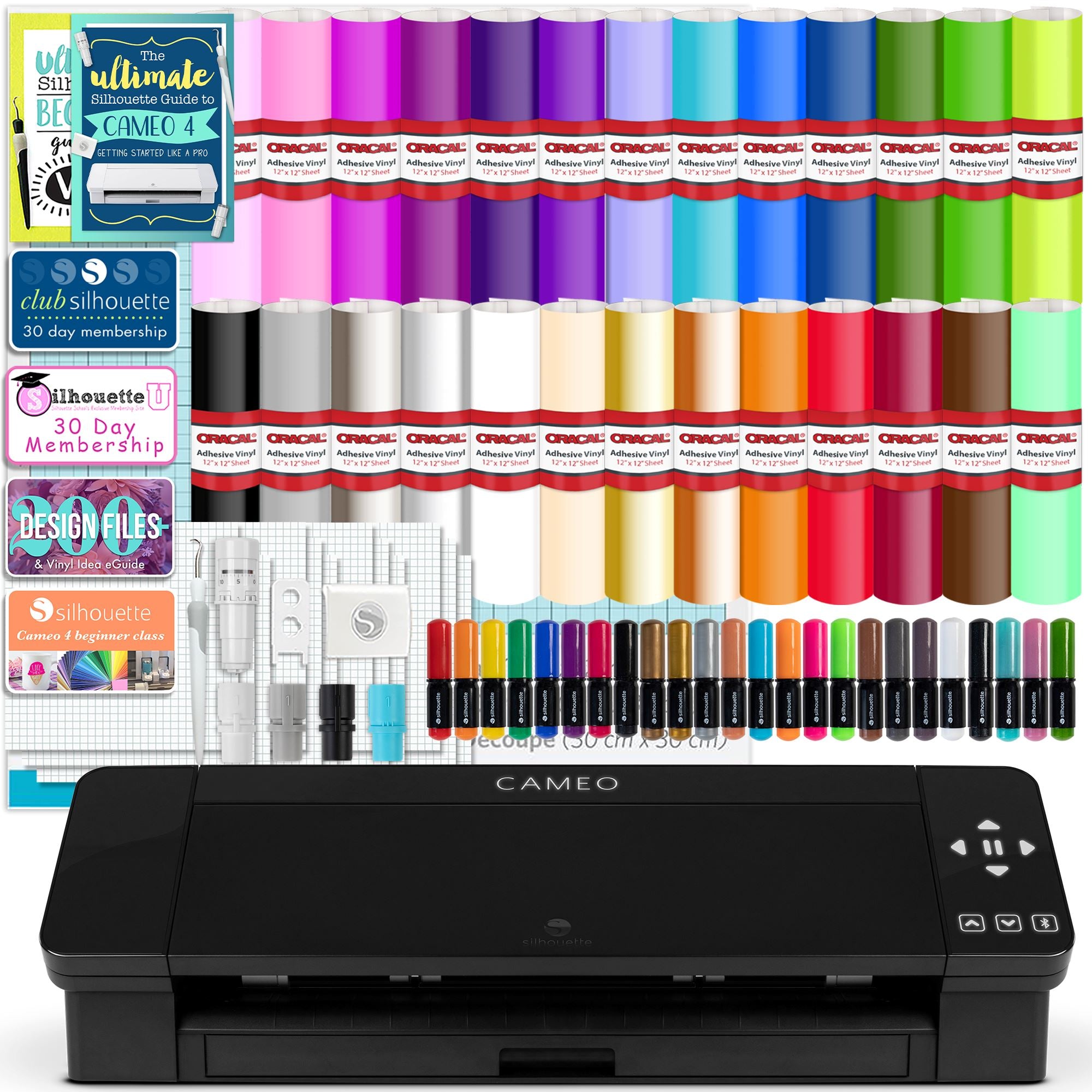 Silhouette Black Cameo 4 w/ 26 Oracal Glossy Sheets, Guides, 24 Sketch  Pens, and More